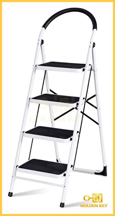 White Carbon Steel Folding Step Ladder with Anti Slip Rubber Pads