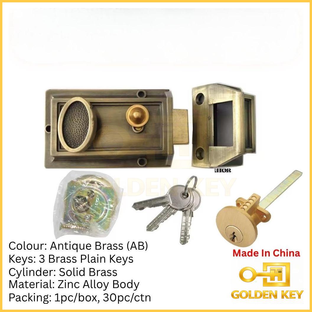 564 Door Rim Lock – Antique Brass Security Rim Lock with Solid Brass Cylinder