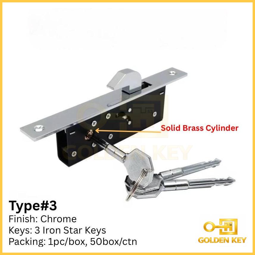 Sliding Door Lock – Type #3 | Solid Brass Cylinder | Chrome Finish | 3 Iron Star Keys